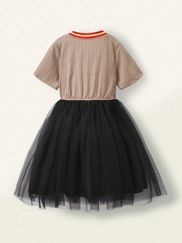 1pc Toddler Girls' Casual Contrast Collar & Hem Mesh Panel Short Sleeve Dress 1pc Toddler Girls' Casual Contrast Collar & Hem Mesh Panel Short Sleeve Dress