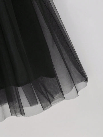 1pc Toddler Girls' Casual Contrast Collar & Hem Mesh Panel Short Sleeve Dress 1pc Toddler Girls' Casual Contrast Collar & Hem Mesh Panel Short Sleeve Dress