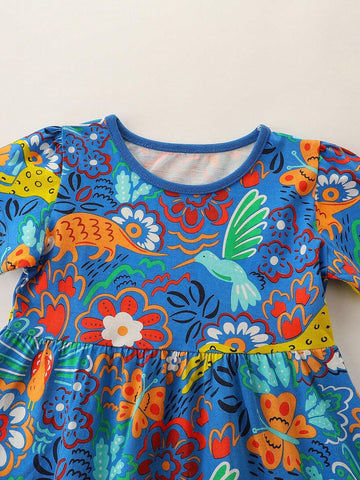 1pc Toddler Girls" Casual Jungle Printed Round Neck Short Sleeve Dress For Summer 1pc Toddler Girls" Casual Jungle Printed Round Neck Short Sleeve Dress For Summer