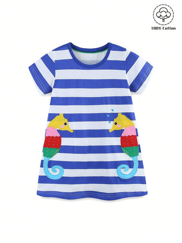 1pc Toddler Girls" Casual Short Sleeve Dress With Cartoon Seahorse Embroidery And Striped Round Neck For Summer 1pc Toddler Girls" Casual Short Sleeve Dress With Cartoon Seahorse Embroidery And Striped Round Neck For Summer