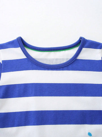 1pc Toddler Girls" Casual Short Sleeve Dress With Cartoon Seahorse Embroidery And Striped Round Neck For Summer 1pc Toddler Girls" Casual Short Sleeve Dress With Cartoon Seahorse Embroidery And Striped Round Neck For Summer