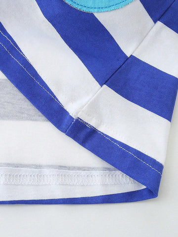 1pc Toddler Girls" Casual Short Sleeve Dress With Cartoon Seahorse Embroidery And Striped Round Neck For Summer 1pc Toddler Girls" Casual Short Sleeve Dress With Cartoon Seahorse Embroidery And Striped Round Neck For Summer