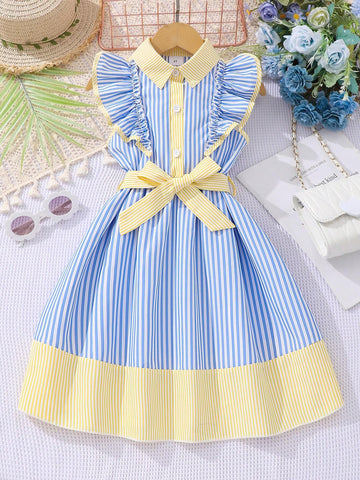 1pc Toddler Girls' Cute Casual Elegant Striped Dress With Turn-Down Collar And Bow Belt, For Travel And Summer Vacations 1pc Toddler Girls' Cute Casual Elegant Striped Dress With Turn-Down Collar And Bow Belt, For Travel And Summer Vacations