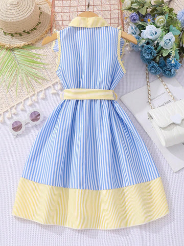 1pc Toddler Girls' Cute Casual Elegant Striped Dress With Turn-Down Collar And Bow Belt, For Travel And Summer Vacations 1pc Toddler Girls' Cute Casual Elegant Striped Dress With Turn-Down Collar And Bow Belt, For Travel And Summer Vacations