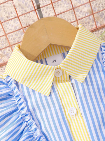 1pc Toddler Girls' Cute Casual Elegant Striped Dress With Turn-Down Collar And Bow Belt, For Travel And Summer Vacations 1pc Toddler Girls' Cute Casual Elegant Striped Dress With Turn-Down Collar And Bow Belt, For Travel And Summer Vacations