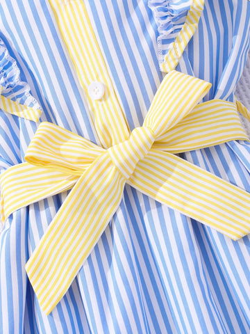 1pc Toddler Girls' Cute Casual Elegant Striped Dress With Turn-Down Collar And Bow Belt, For Travel And Summer Vacations 1pc Toddler Girls' Cute Casual Elegant Striped Dress With Turn-Down Collar And Bow Belt, For Travel And Summer Vacations