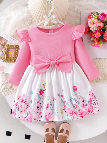 1pc Toddler Girls' Cute Long Sleeve Bow Printed Dress, Spring/Autumn 1pc Toddler Girls' Cute Long Sleeve Bow Printed Dress, Spring/Autumn