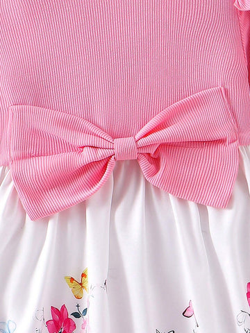 1pc Toddler Girls' Cute Long Sleeve Bow Printed Dress, Spring/Autumn 1pc Toddler Girls' Cute Long Sleeve Bow Printed Dress, Spring/Autumn