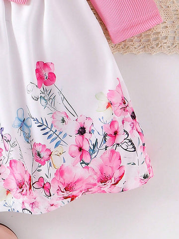 1pc Toddler Girls' Cute Long Sleeve Bow Printed Dress, Spring/Autumn 1pc Toddler Girls' Cute Long Sleeve Bow Printed Dress, Spring/Autumn