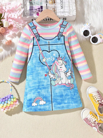 1pc Toddler Girls Cute Unicorn Printed Denim Pinafore Dress With Long Sleeve, For School 1pc Toddler Girls Cute Unicorn Printed Denim Pinafore Dress With Long Sleeve, For School