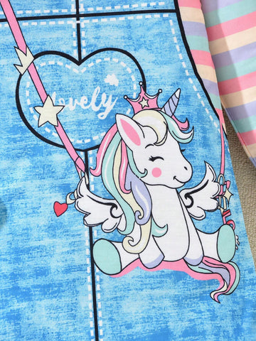 1pc Toddler Girls Cute Unicorn Printed Denim Pinafore Dress With Long Sleeve, For School 1pc Toddler Girls Cute Unicorn Printed Denim Pinafore Dress With Long Sleeve, For School