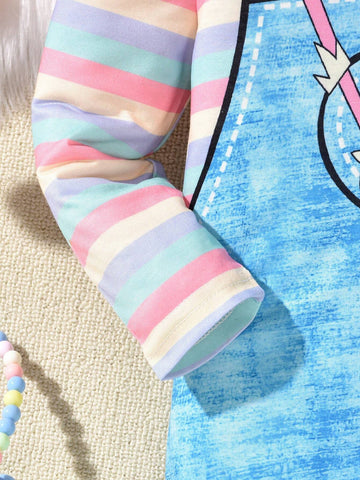 1pc Toddler Girls Cute Unicorn Printed Denim Pinafore Dress With Long Sleeve, For School 1pc Toddler Girls Cute Unicorn Printed Denim Pinafore Dress With Long Sleeve, For School