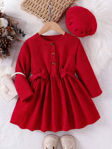 1pc Toddler Girls Elegant Corduroy Bow Decor Long Sleeve Dress, Autumn/Winter 1pc Toddler Girls Elegant Corduroy Bow Decor Long Sleeve Dress, Autumn/Winter
