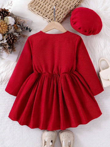 1pc Toddler Girls Elegant Corduroy Bow Decor Long Sleeve Dress, Autumn/Winter 1pc Toddler Girls Elegant Corduroy Bow Decor Long Sleeve Dress, Autumn/Winter