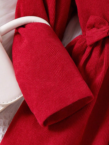1pc Toddler Girls Elegant Corduroy Bow Decor Long Sleeve Dress, Autumn/Winter 1pc Toddler Girls Elegant Corduroy Bow Decor Long Sleeve Dress, Autumn/Winter