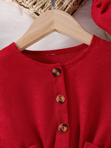 1pc Toddler Girls Elegant Corduroy Bow Decor Long Sleeve Dress, Autumn/Winter 1pc Toddler Girls Elegant Corduroy Bow Decor Long Sleeve Dress, Autumn/Winter