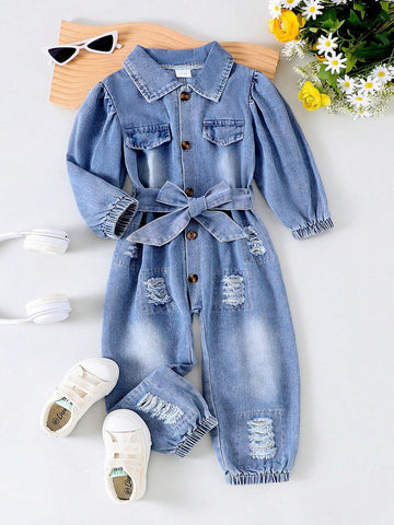 1pc Toddler Girls' Fashionable Denim Jumpsuit With Collar And Belt, Autumn/Winter 1pc Toddler Girls' Fashionable Denim Jumpsuit With Collar And Belt, Autumn/Winter
