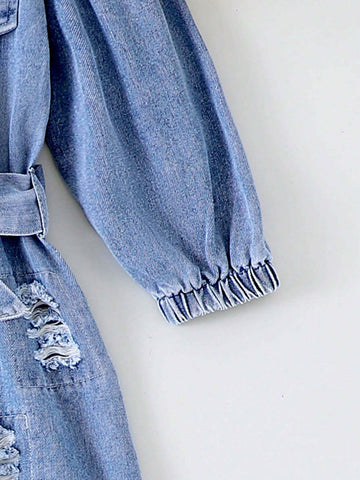 1pc Toddler Girls' Fashionable Denim Jumpsuit With Collar And Belt, Autumn/Winter 1pc Toddler Girls' Fashionable Denim Jumpsuit With Collar And Belt, Autumn/Winter