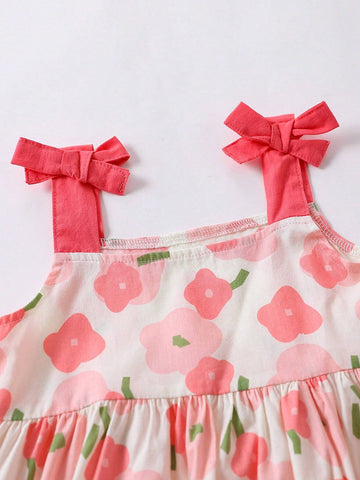 1pc Toddler Girls' Sweet Floral Pattern Sleeveless Dress With 3D Bow Decoration For Summer 1pc Toddler Girls' Sweet Floral Pattern Sleeveless Dress With 3D Bow Decoration For Summer
