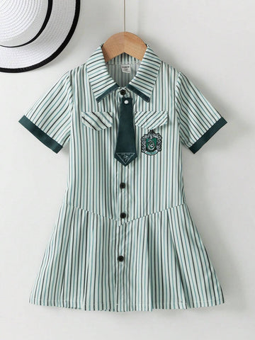 1pc Toddler's Casual Short Sleeve Collared Green Striped A-Line Dress With Button Front And Cinched Waist, Summer 1pc Toddler's Casual Short Sleeve Collared Green Striped A-Line Dress With Button Front And Cinched Waist, Summer