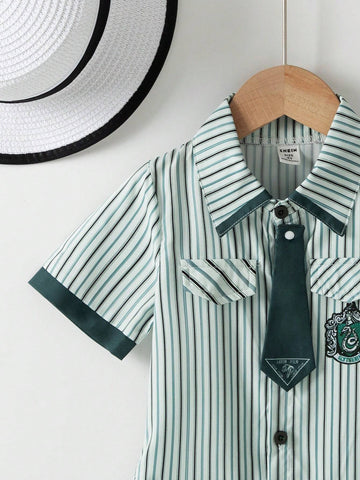 1pc Toddler's Casual Short Sleeve Collared Green Striped A-Line Dress With Button Front And Cinched Waist, Summer 1pc Toddler's Casual Short Sleeve Collared Green Striped A-Line Dress With Button Front And Cinched Waist, Summer