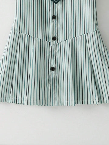 1pc Toddler's Casual Short Sleeve Collared Green Striped A-Line Dress With Button Front And Cinched Waist, Summer 1pc Toddler's Casual Short Sleeve Collared Green Striped A-Line Dress With Button Front And Cinched Waist, Summer
