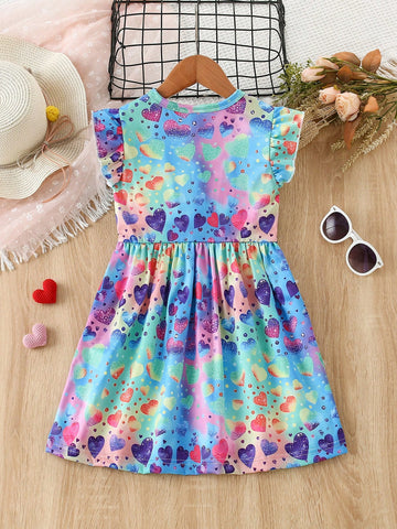 1pc Valentine's Day Girls Ruffled Waist Colorful Faux Sequin Heart Pattern Digital Printing Dress 1pc Valentine's Day Girls Ruffled Waist Colorful Faux Sequin Heart Pattern Digital Printing Dress