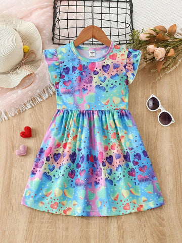 1pc Valentine's Day Girls Ruffled Waist Colorful Faux Sequin Heart Pattern Digital Printing Dress 1pc Valentine's Day Girls Ruffled Waist Colorful Faux Sequin Heart Pattern Digital Printing Dress