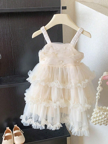 1pc White Girls' Casual Solid Color Puff Flower Comfortable Strap Cake Dress For Summer 1pc White Girls' Casual Solid Color Puff Flower Comfortable Strap Cake Dress For Summer
