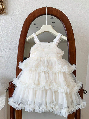 1pc White Girls' Casual Solid Color Puff Flower Comfortable Strap Cake Dress For Summer 1pc White Girls' Casual Solid Color Puff Flower Comfortable Strap Cake Dress For Summer