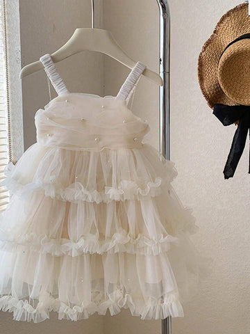 1pc White Girls' Casual Solid Color Puff Flower Comfortable Strap Cake Dress For Summer 1pc White Girls' Casual Solid Color Puff Flower Comfortable Strap Cake Dress For Summer