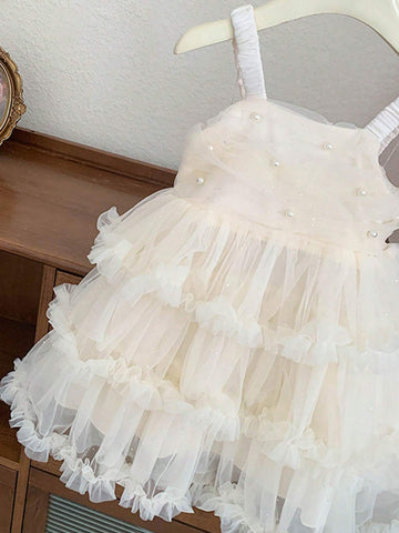 1pc White Girls' Casual Solid Color Puff Flower Comfortable Strap Cake Dress For Summer 1pc White Girls' Casual Solid Color Puff Flower Comfortable Strap Cake Dress For Summer