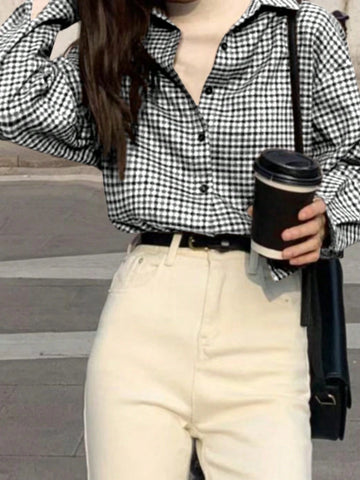 1pc Women Button Front Plaid Print Collared Casual Long Sleeve Blouse 1pc Women Button Front Plaid Print Collared Casual Long Sleeve Blouse