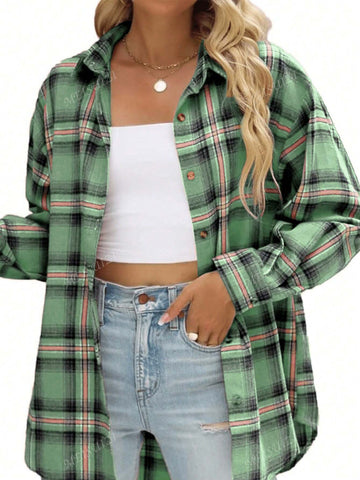 1pc Women Casual Loose Plaid Flannel Long Sleeve Shirt, Autumn 1pc Women Casual Loose Plaid Flannel Long Sleeve Shirt, Autumn