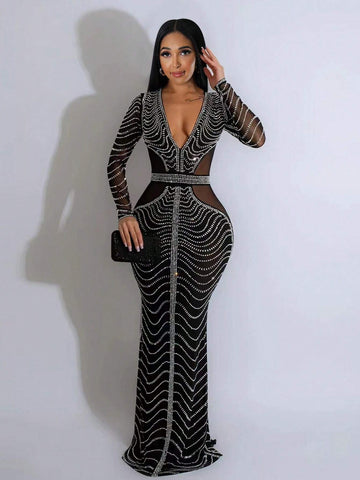 1pc Women Deep V-Neck Long Sleeve Mesh Panel Fishtail Hem Embellished Rhinestone Sparkle Dress 1pc Women Deep V-Neck Long Sleeve Mesh Panel Fishtail Hem Embellished Rhinestone Sparkle Dress