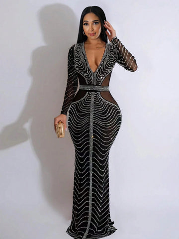 1pc Women Deep V-Neck Long Sleeve Mesh Panel Fishtail Hem Embellished Rhinestone Sparkle Dress 1pc Women Deep V-Neck Long Sleeve Mesh Panel Fishtail Hem Embellished Rhinestone Sparkle Dress