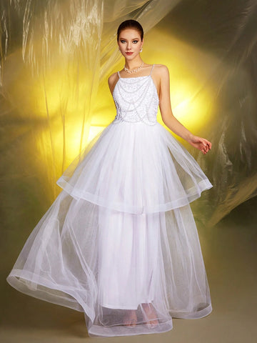 1pc Women's Glamourous White Spaghetti Strap Sequin Beaded Mesh Insert Wedding Dress Gown 1pc Women's Glamourous White Spaghetti Strap Sequin Beaded Mesh Insert Wedding Dress Gown