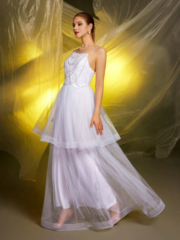 1pc Women's Glamourous White Spaghetti Strap Sequin Beaded Mesh Insert Wedding Dress Gown 1pc Women's Glamourous White Spaghetti Strap Sequin Beaded Mesh Insert Wedding Dress Gown