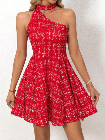 1pc Women's Plaid Dress, Spring/Summer New Halter Asymmetrical Asymmetric Sleeveless A-Line Short Dress 1pc Women's Plaid Dress, Spring/Summer New Halter Asymmetrical Asymmetric Sleeveless A-Line Short Dress