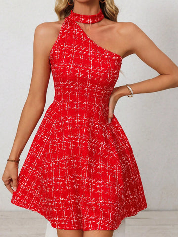1pc Women's Plaid Dress, Spring/Summer New Halter Asymmetrical Asymmetric Sleeveless A-Line Short Dress 1pc Women's Plaid Dress, Spring/Summer New Halter Asymmetrical Asymmetric Sleeveless A-Line Short Dress
