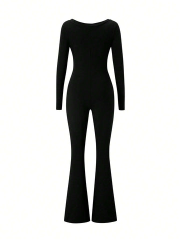 1pc Women's Round Neck Long Sleeve Jumpsuit, Black Slim Fitted One-Piece, Simple And Flattering 1pc Women's Round Neck Long Sleeve Jumpsuit, Black Slim Fitted One-Piece, Simple And Flattering