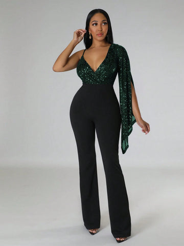 1pc Women's Sequin Panel Asymmetric Shoulder Flare Sleeve Jumpsuit, For Party 1pc Women's Sequin Panel Asymmetric Shoulder Flare Sleeve Jumpsuit, For Party