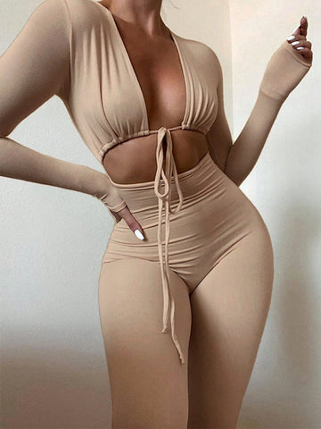 1pc Women's Sexy Lace Up Hollow Out Long Sleeve Bodycon Jumpsuit 1pc Women's Sexy Lace Up Hollow Out Long Sleeve Bodycon Jumpsuit