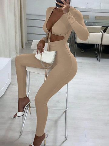 1pc Women's Sexy Lace Up Hollow Out Long Sleeve Bodycon Jumpsuit 1pc Women's Sexy Lace Up Hollow Out Long Sleeve Bodycon Jumpsuit
