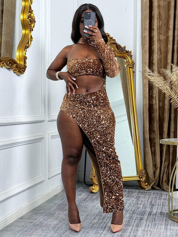 1pc Women's Sexy Sequin Decorated One Shoulder Long Sleeve Hollow Out Asymmetrical High Split Glamorous Evening Dress 1pc Women's Sexy Sequin Decorated One Shoulder Long Sleeve Hollow Out Asymmetrical High Split Glamorous Evening Dress