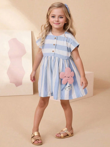 1pc Young Girl Cute Floral Embroidered Blue & White Striped Princess Dress 1pc Young Girl Cute Floral Embroidered Blue & White Striped Princess Dress