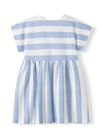 1pc Young Girl Cute Floral Embroidered Blue & White Striped Princess Dress 1pc Young Girl Cute Floral Embroidered Blue & White Striped Princess Dress