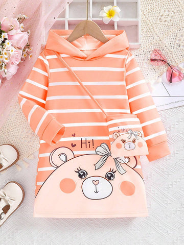 1set Girl Striped Cute Cartoon Animal Print Hoodie Dress With Square Crossbody Bag 1set Girl Striped Cute Cartoon Animal Print Hoodie Dress With Square Crossbody Bag