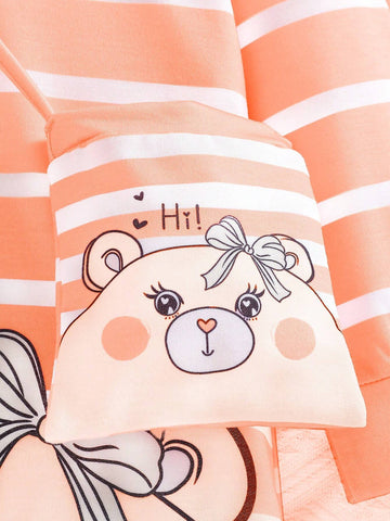 1set Girl Striped Cute Cartoon Animal Print Hoodie Dress With Square Crossbody Bag 1set Girl Striped Cute Cartoon Animal Print Hoodie Dress With Square Crossbody Bag