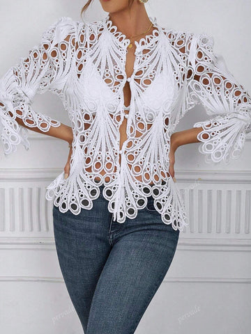 Hollow Out Bell Sleeve Blouse - Sexy Perforated Breathable Night Club Shirt Hollow Out Bell Sleeve Blouse - Sexy Perforated Breathable Night Club Shirt